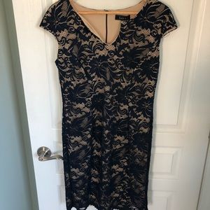 Navy/nude lace cap sleeve dress